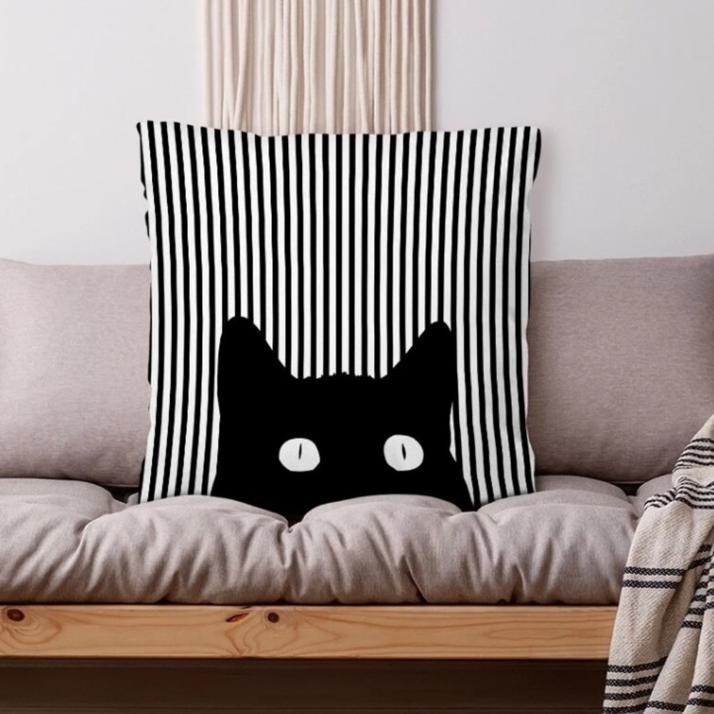 Cat Theme Pillow Cover Zippered Decorative Square Black White 17.7 in X 17.7 in - Picture 5 of 16